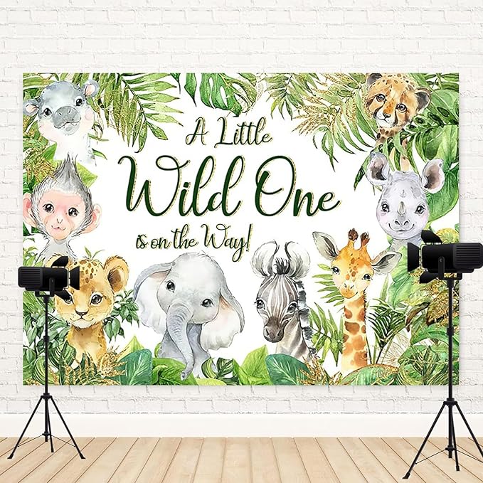 10x6.5ft Baby Shower Backdrop A Little Wild One is On The Way Photography Background Jungle Animals Tropical Green Leaf Newborn Birthday Party Banner Decorations Gender Reveal Photo Booth Prop