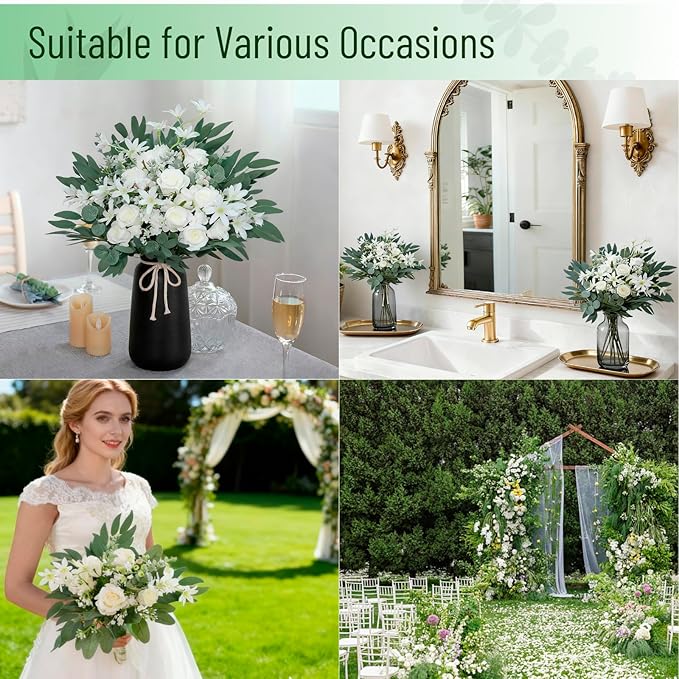 120 Pcs Artificial Eucalyptus Stems, 4 Kinds Mixed Faux Greenery Stems Fake Silver Dollar Eucalyptus Leaves Bundle for DIY Bouquets Centerpiece Spring Floral Arrangement Wreath Home Wedding Decor