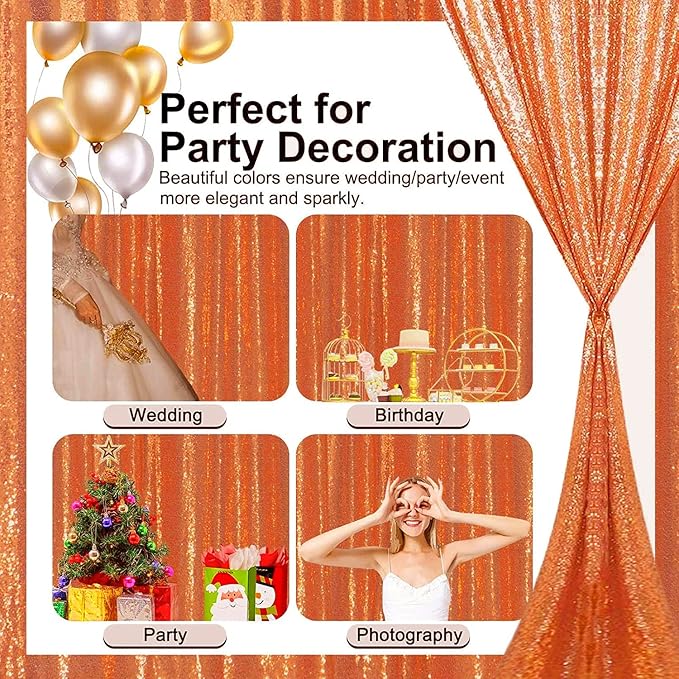 Orange Sequin Backdrop Curtains 2FT x 8FT 2 Panels Curtains Backdrop Glitter Photography Backdrop Drapes for Wedding Birthday Party