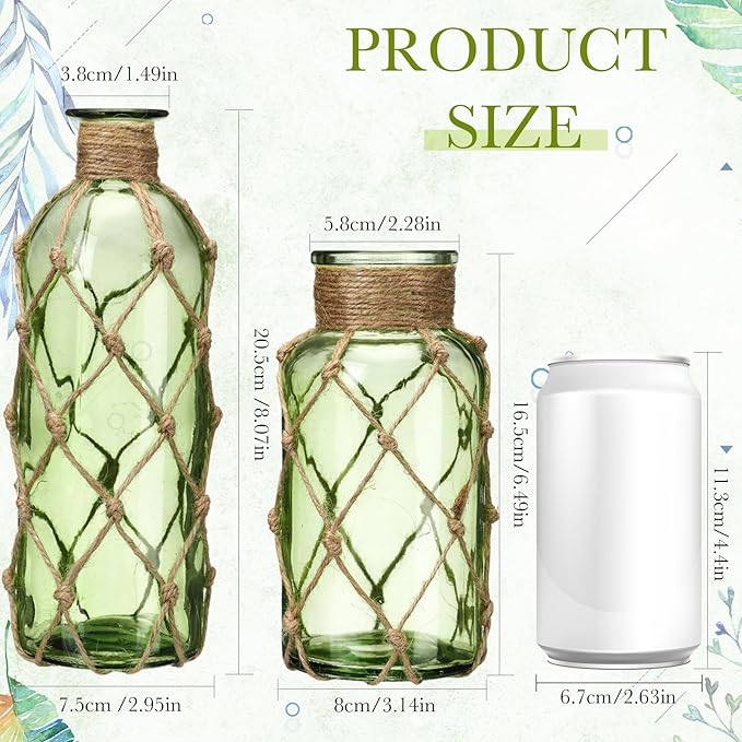 Chuangdi Set of 2 Coastal Glass Vases for Flower Small Flower Vase with Boho Rope Wrapping Beach Decorative Bottle for Coastal Nautical Table Centerpiece Wedding Floral Arrangement Decor(Green)