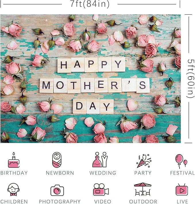 Happy Mother's Day Backdrop Flowers Wooden Pink Floral Photography Background for Mom Festival Party Banner Decorations Supplies Photo Shoot Party Banner Wallpaper Studio Props 7x5ft