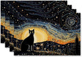 Cat Placemats Set of 4, Starry Night Black Cat Table Mats Place Mats for Kitchen Dining Table Decoration 16.9x11.4 Inch