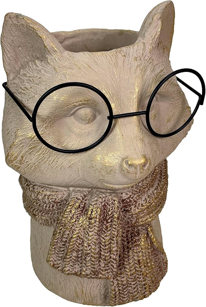 Bespectacled Fox Cement Vase 8.25 Inch – Gold Accents, Knit Textured Scarf, Real Wire Glasses, Whimsical Animal Decor, Distressed Taupe Planter for Indoor Plants, Unique Gift for Home or Office