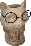 Bespectacled Fox Cement Vase 8.25 Inch – Gold Accents, Knit Textured Scarf, Real Wire Glasses, Whimsical Animal Decor, Distressed Taupe Planter for Indoor Plants, Unique Gift for Home or Office