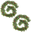 2Pack 6FT Christmas Garland – Artificial Norfolk Pine Olive Garland with Red Berries, Pinecones & 20 Warm LED Timer Lights – Holiday Garland for Home, Wedding, Party Decorations