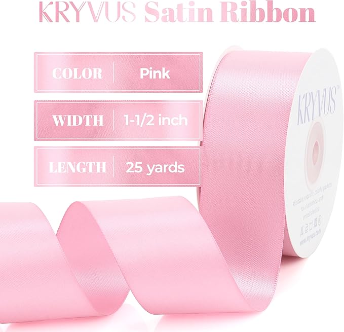 Pink Satin Ribbon, Double Faced 1-1/2 Inch X 25 Yards Pink Ribbon, Premium Satin Ribbon for Gift Wrapping, Crafts, Hair Bow Making, Sewing, Flower Bouquet, Wedding Party Decor
