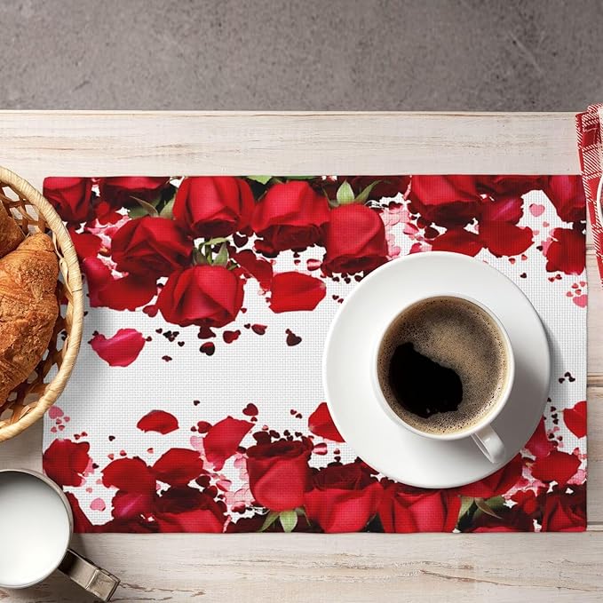 Rose Linen Table Placemats Set of 4 Romantic Red Flowers Place Mats for Home Party Kitchen Indoor Holiday Rustic Washable Heat Resistant Table Mats 12 x 18 Inch