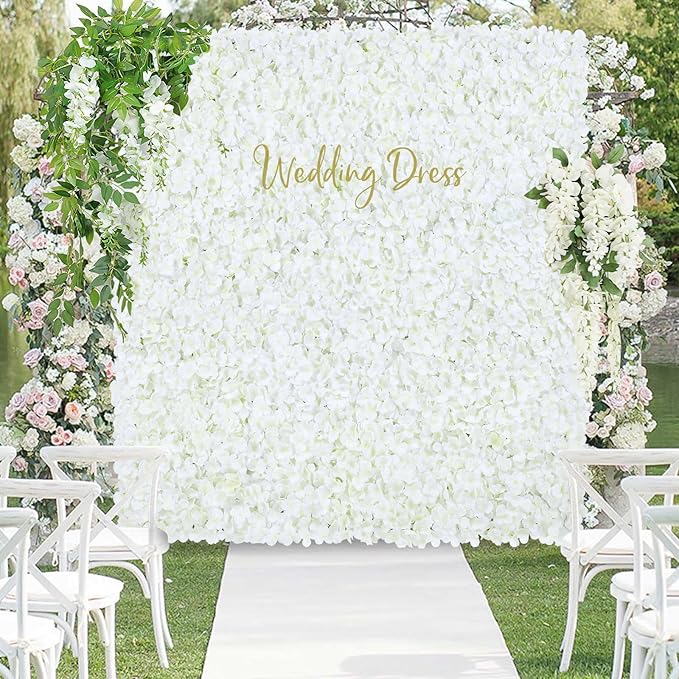 White Flower Wall Panels Backdrop with Green: Wedding Artificial Flower Wall Backdrop 5ft by 7.5ft Hydrangea Floral Wall for Wedding Anniversary Party Decoration (24 Pcs 15 x 15 Inch)
