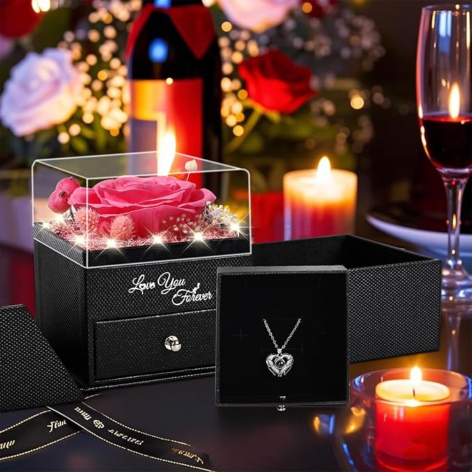 FIACO Gifts for Women Preserved Real Roses with I Love You Necklace Fresh Forever Flowers Birthday Gifts for Mom Grandma Wife Girlfriend on Anniversary Christmas Valentines Romantic Gift