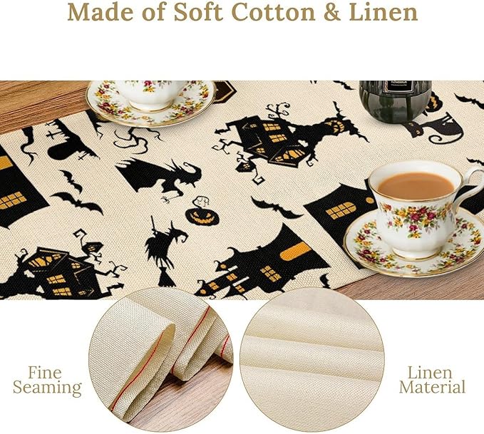 Halloween Table Runner, Retro Gothic Spoonky House Day of Death Mysterious Halloween Coffee Table Center Decor for Home Kitchen Dining Patio Holiday Party Table Decorations 13x36 inches