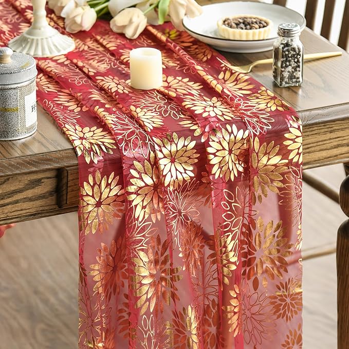Artoid Mode 3PCS Red Gold Dahlia Flower Gauze Table Runner 120 Inch 10FT, Glitter Metallic Foil Seasonal Sheer Dining Holiday Table Decor for Home Party