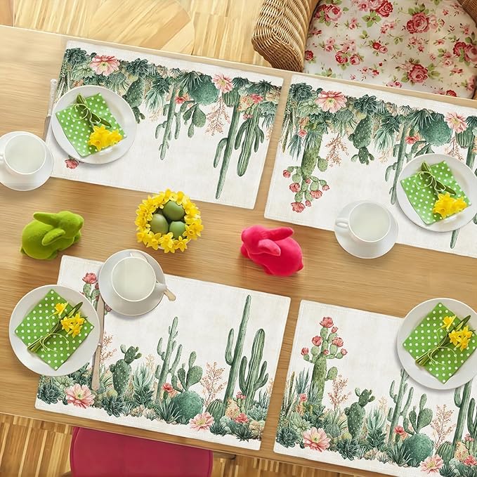 Cute Cactus Placemats Set of 6, Western Succulent Place Mats, Rustic Summer Plant Dining Table Mats, Washable Placemats for Kitchen Dining Room 18L'' × 12W''