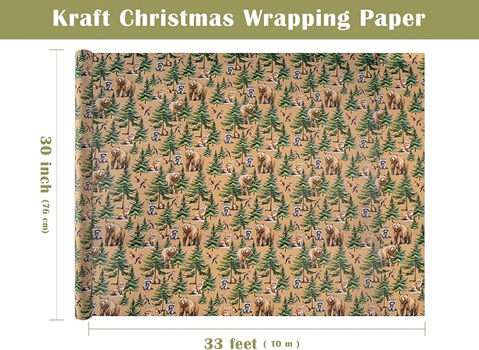 WRAPAHOLIC 30 Inch Kraft Christmas Wrapping Paper - 30 Inch x 33 Feet - Wild Animal Winterfall Watercolor and Christmas Tree Wrapping Paper Perfect for Holiday, Party Celebration