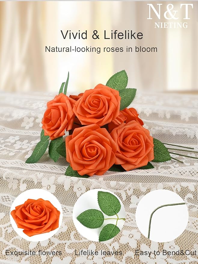N&T NIETING Artificial Flowers, Fake Flowers Burnt Orange Roses Perfect for DIY Wedding Bridal Bouquets Centerpieces Bridal Shower Party Home Flower Arrangement Decorations, 50Pcs