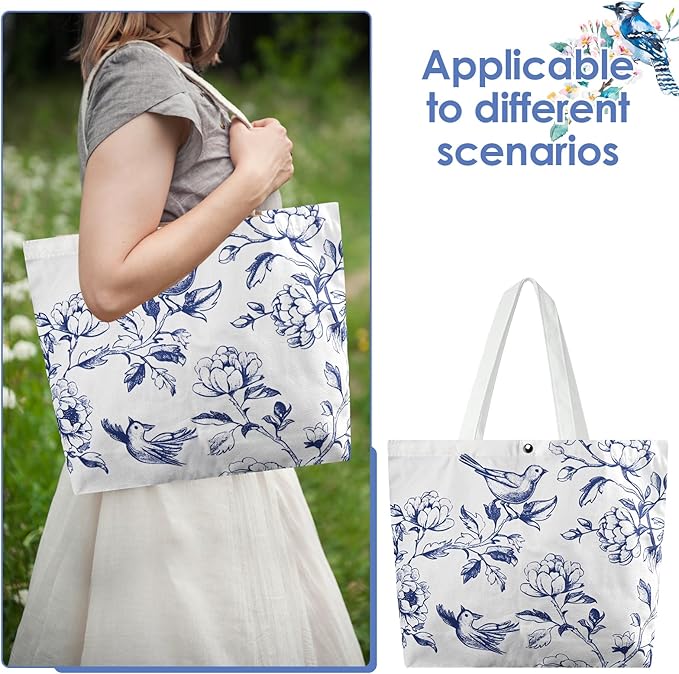 6 Pcs Floral Canvas Tote Bags Bulk for Women Chinoiserie Tote Bag Aesthetic Reusable Grocery Bags for Travel Shopping