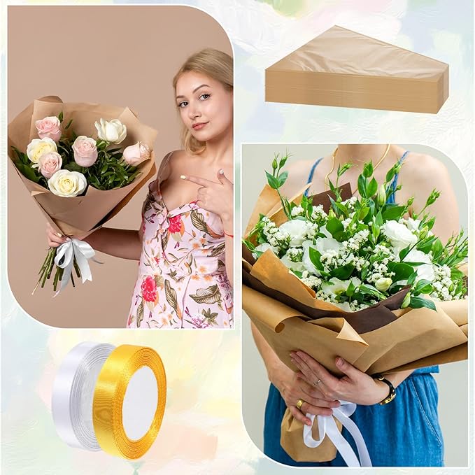 Exclaith 100 Pcs Flower Bouquet Wrapping Paper, Paper Clear Flower Sleeves Bulk Flowers Bags with Ribbons for Bouquets, for Florist Supplies, Mother's Day, Valentine's Day, Graduation, 15.7x13.8 Inch