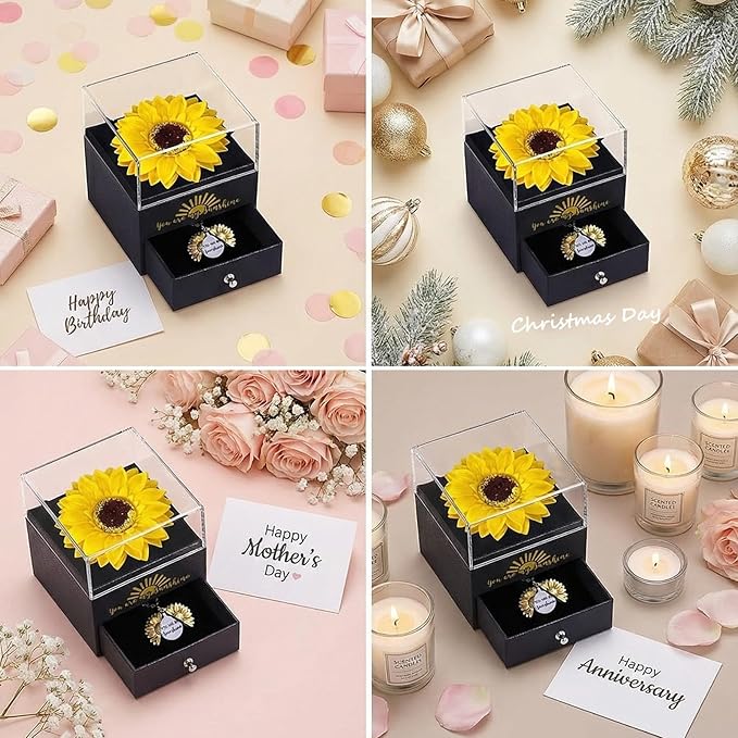 Christmas Gifts Forever Sunflower Gifts for Women Girlfriend Wife Mom, You are My Sunshine Necklace Gift Box for Birthday Wedding Mother's Day Xmas Present Sunflower Jewelry Home Decor