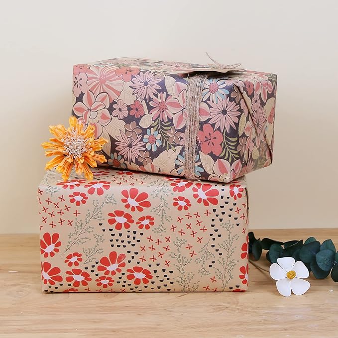 Aimyoo Kraft Floral Wrapping Paper Roll, All Occasion Vintage Red Flower Gift Wrap for Wedding Birthday Bridal Shower, 17 inch x 10 ft