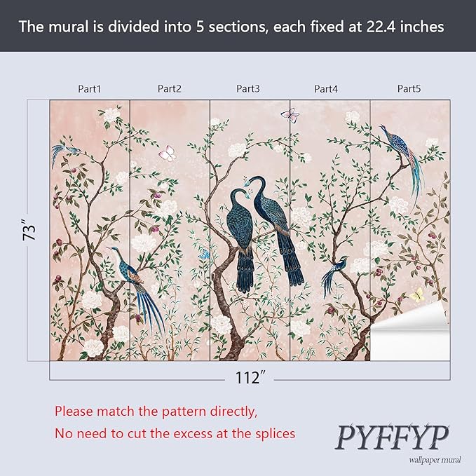 PYFFYP- Chinoiserie Pink Flowers and Bird Wallpaper Vintage Peacock murals for Living Room(Not Peel and Stick)