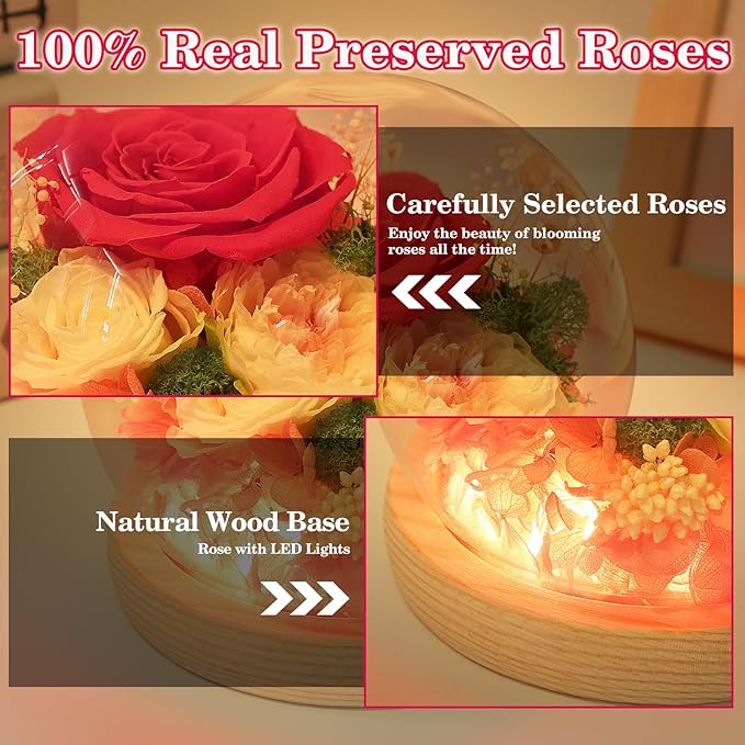 FIACO Preserved Rose Birthday Gift for Women Forever Fresh Flowers for Prime Delivery Gift for Mom Grandma Wife Valentines Mothers Day Christmas Anniversary Eternal Roses in Glass Dome