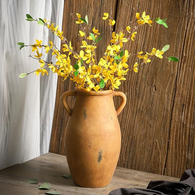 Large Ceramic Flower Vase,11.3 inch Terracotta Vase with 2 Handles, Rustic Farmhouse Vases, Decorative Pottery Flower Vases for Home Decor, Living Room Shelf Decor, Table