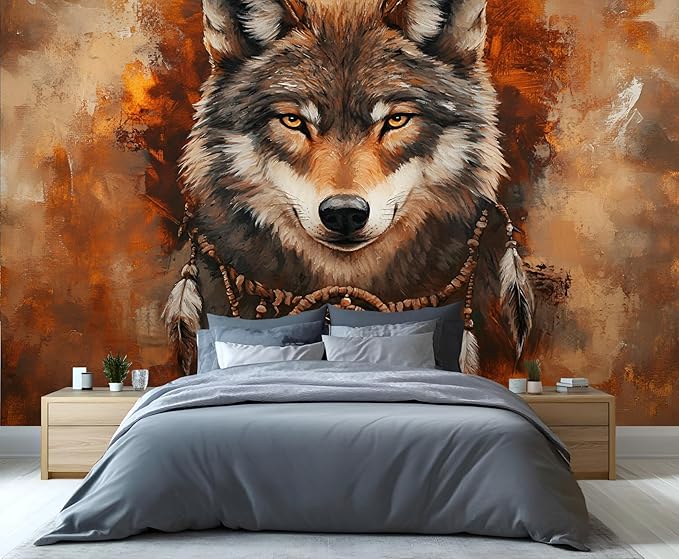 Wolf Dreamcatcher Wall Mural, Tribal Wolf 3D Wall Murals, Feathers Dreamcatcher Animal Totem Wallpaper Mural, for Living Room Bedroom Large Wallpaper Indoor Decor 98.4" W x68.9 H
