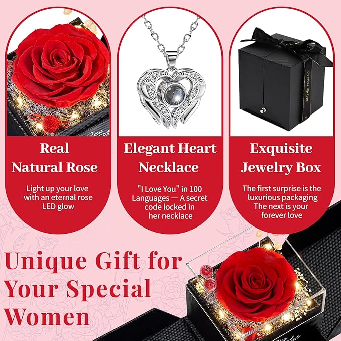 FIACO Gifts for Women Preserved Real Roses with I Love You Necklace Fresh Forever Flowers Birthday Gifts for Mom Grandma Wife Girlfriend on Anniversary Christmas Valentines Romantic Gift