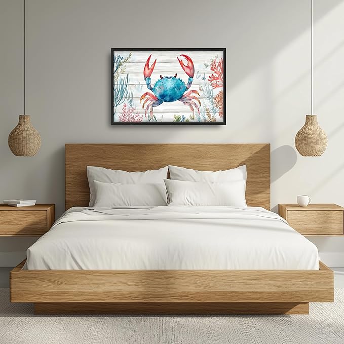 Crab with Coral Large Decor Framed Wall Art Ocean Pictures for Living Room, Nautical Oversized Canvas Print Painting Modern Extra Large Framed Artwork for Bedroom Office Home Decor 36"x24"