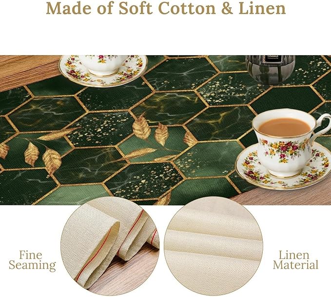 Hunter Green Marble Table Runner Abstract Dark Emerald Green Marble Hexagon Texture Golden Leaves Dinner Runner Table Decoration for Home Kitchen Dining Holiday Party 13x70in