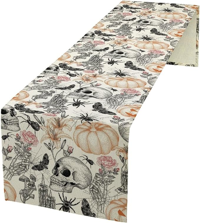 Gothic Table Runner,Black White Skull Moth Pumpkin Halloween Table Runner for Home Kitchen Table Dining Garden Farmhouse Wedding Party Decor 13x120 Inch