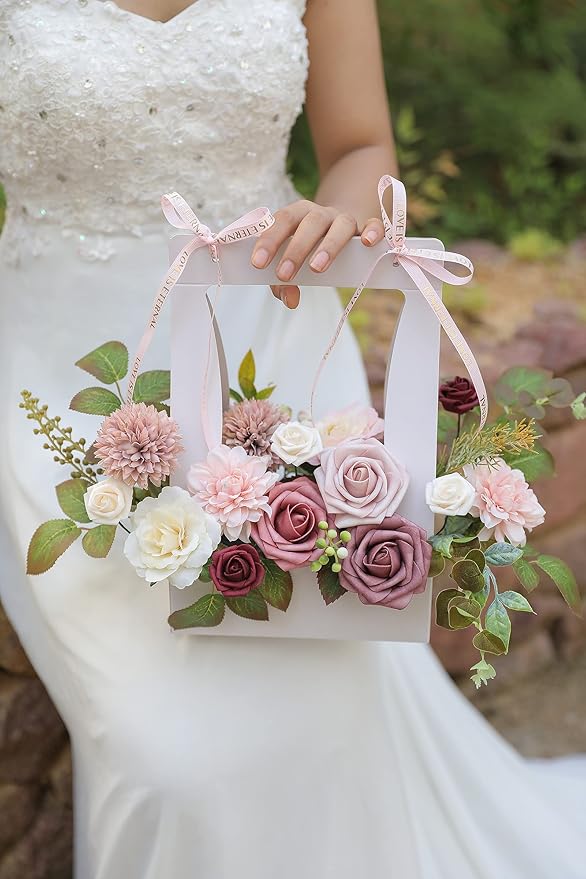 Artificial Flowers Combo Box Set Gradient Color Flower Leaf with Stems for DIY Wedding Bouquets Centerpieces Baby Shower Party Home Decorations（Pink Purple）