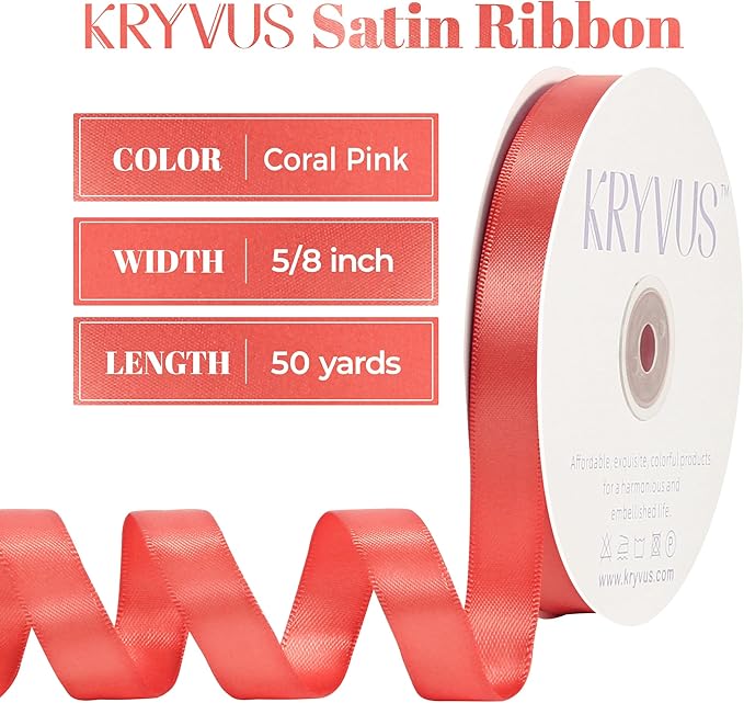 Coral Satin Ribbon, Double Faced 5/8 Inch X 50 Yards Coral Ribbon, for Gift Wrapping, Crafts, Hair Bow Making, Sewing, Flower Bouquet, Wedding Party Decor