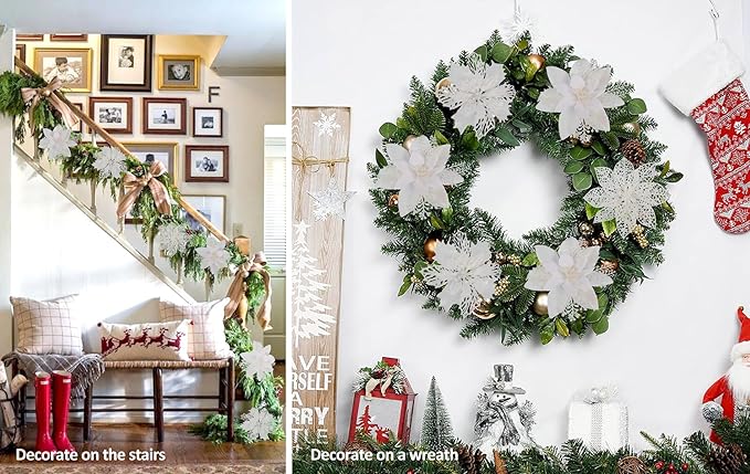 RECUTMS 66 Pcs 3 Styles White Christmas Ornaments Christmas Glitter Poinsettia Flowers Artificial Christmas Tree Flower Decorations Wedding Wreath Floral Decorations(White)