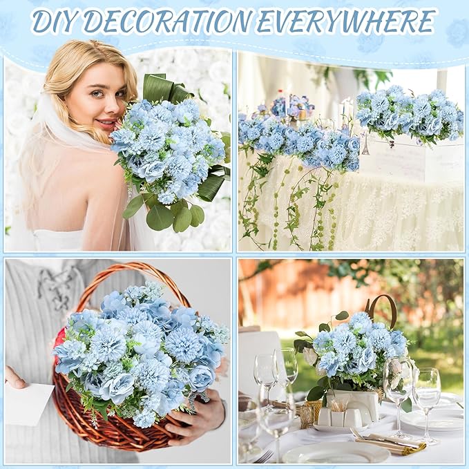 Lyrow 8 Pcs Peony Artificial Flowers Fake Silk Hydrangea Bouquet Elegant Peony Flowers for Wedding Decoration Faux Realistic Floral for Home Party Table Centerpieces Arrangement (Blue)