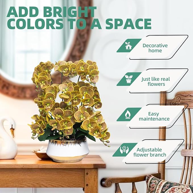 CXGS Orchids Artificial Flower Real Touch Faux Orchid in Large Ceramic Vase 23.6'' Realistic YellowSpots Fake Phalaenopsis Floral Arrangements Centerpiece Table Home Indoor Decor