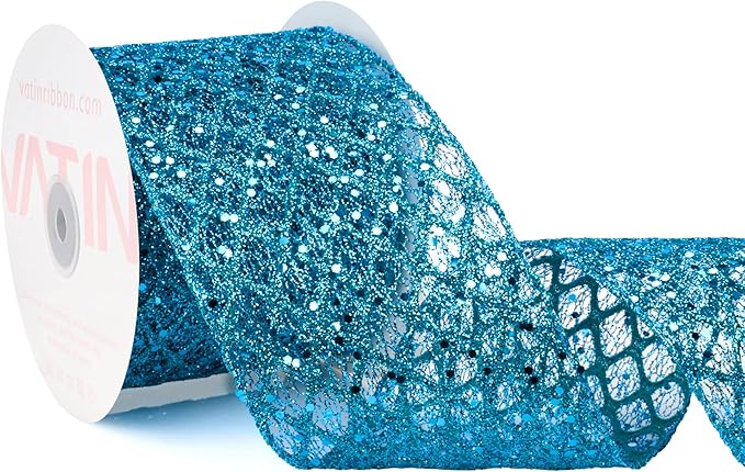 VATIN 4" Turquoise Christmas Ribbon, Blue Glitter Mesh Diamond Web Sequin Dots Wired Christmas Ribbon for Gift Wrapping Bow Making Wreath Supply-10 Yards