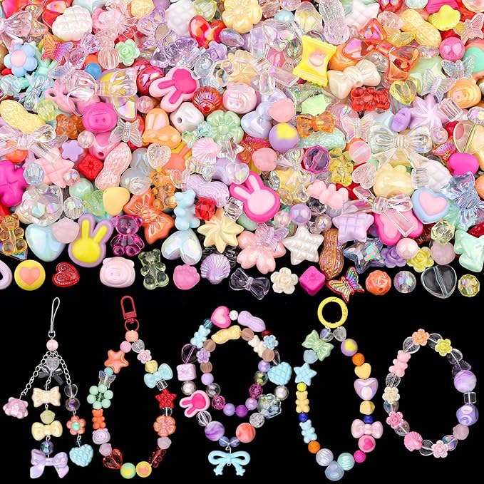 Assorted 200-260PCS Mixed Colors Acrylic Beads for Bracelet Making, Flower Bow GummyBear Bracelet Charms,Cute Beads for Jewelry Making DIY Necklace Keychain Phone Charm Christmas Gift