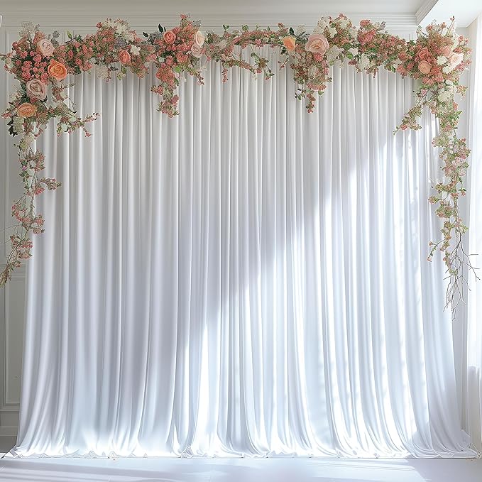 Wrinkle Free White Backdrop Curtain for Parties 20x7ft Soft Fabric Drapes Wedding White Curtain Backdrop for Birthday Party Decorations Background for Photography 5x7ft, 4 Panels