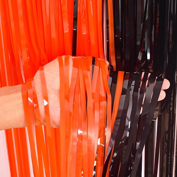 BRAVESHINE Tinsel Photo Backdrop Curtains - 2 Pack 3.2x8.2ft Black Orange Foil Fringe Streamer Curtain for Birthdays/Sports/Basketball/Pumpkins/Home/Office/Indoor/Outdoor Party Decorations