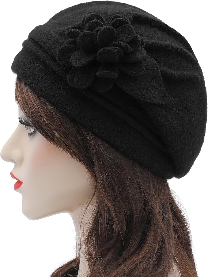 ZLYC Women Wool Cloche Bucket Hat 1920s Vintage Dress Winter Hats with Flower Accent
