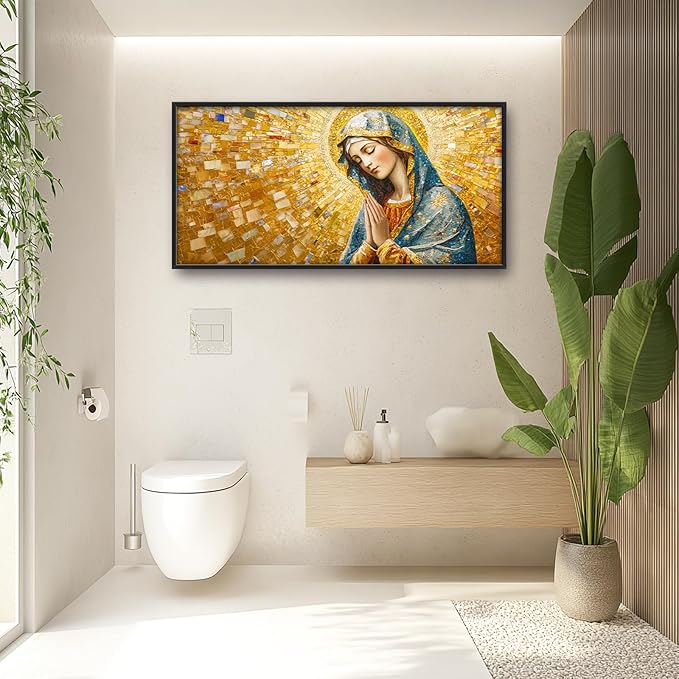 Extra Large Virgin Mary Framed Wall Art for Living Room,Oversized Golden Christian Religious Pictures Wall Decor,Canvas Print Painting Modern Artwork Bedroom Office Bathroom 60L x 30W