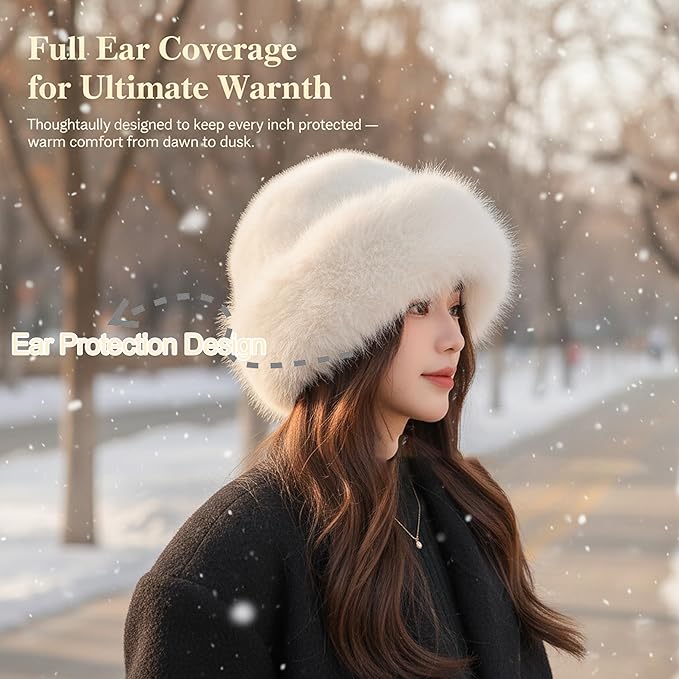 Womens Winter Faux Fur Bucket Hat, Fluffy Fisherman Fuzzy Bucket Hat