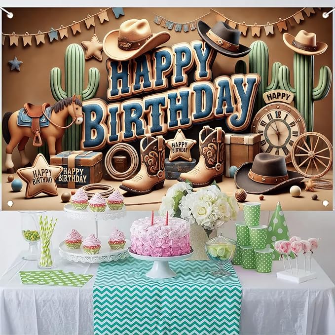 Western Cowboy Happy Birthday Banner Backdrop Rustic Wild West House Barn Photo Banner Party Decorations Boots Hat Cactus Horse Rope Photo Background Props 71 x 43 inch