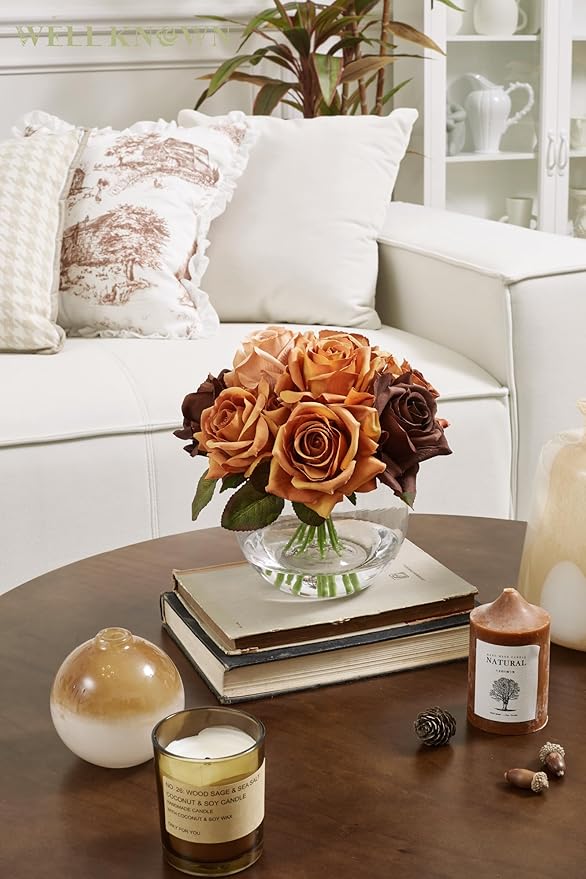 WELL KNOWN Silk Rose Artificial Flowers Arrangements with Vase, Artificial Rose Bouquet in Round Bowl Vase with Faux Water for Home Party Wedding Table Decor & Gift (Maillard Brown & Burnt Orange)