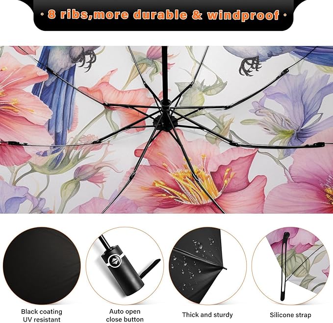 Automatic Folding Umbrella Windproof Strong, UV Protection Compact Floral Hydrangea Hummingbird Sun Rain Sun Rain Travel Umbrellas for Women Men