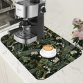 White Flowers and Berries Coffee Mat Fern and Leaves Dish Drying Mat Absorbent Hide Stain Rubber Backed Coffee Bar Accessories Fit Under Espresso Machine Dish Drainer, 11.8 x 19.7 Inch