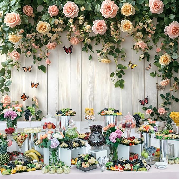 Baocicco 5x3ft Wooden Flower Backdrops for Photography Spring Botanical Green Leaves Butterfly Farmhouse Background for Engagement Bridal Shower Baby Shower Birthday Wedding Party Decoration Supplies