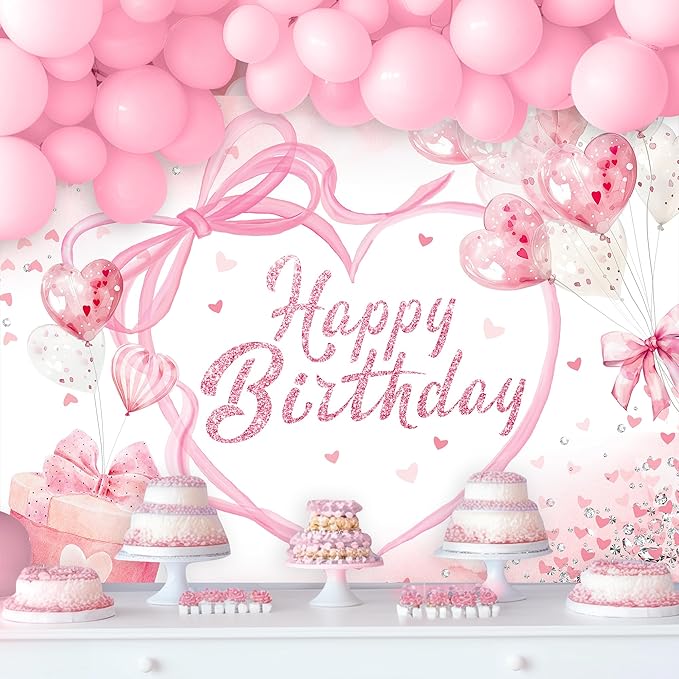Coquette Happy Birthday Backdrop 8Wx6H Photography Pink Bow Heart Balloons Preppy Diamonds Sweet Princess Background for Girls Bachelorette Party Decorations Banner Photo Booth Props Supplies