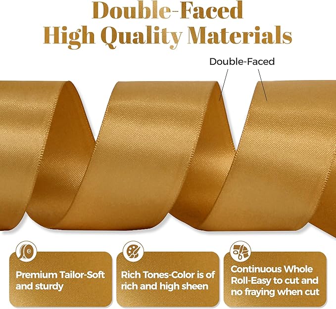 Old Gold Satin Ribbon, Double Faced 1-1/2 Inch X 50 Yards Old Gold Ribbon, Premium Satin Ribbon for Gift Wrapping, Crafts, Hair Bow Making, Sewing, Flower Bouquet, Wedding Party Decor