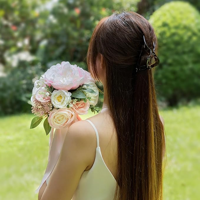 ponatia Blush Pink Wedding Bouquets for Bride Bridesmaid, Ivory Artificial Roses Flowers for Wedding Bouquets Ceremony, Anniversary